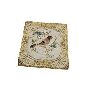 Vintage Hand-Embroidered Bird Motif Decorative Cloth With Gold & Blue Accents 50
